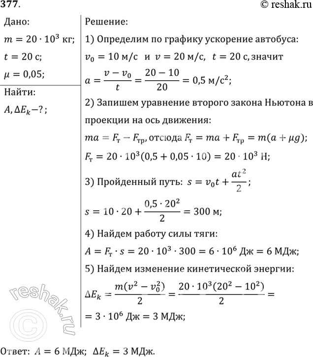 Изображение На рисунке 48 дан график зависимости проекции скорости автобуса массой 20 т от времени. Вычислить работу силы тяги, совершенную за 20 с, если коэффициент сопротивления...